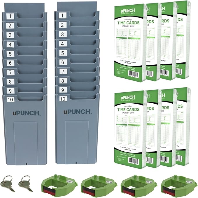 uPunch HN3540 Complete Small Business Start-Up Kit: AutoAlign Time Clock System with 400 Time Cards, 4 Ribbons, and 2 Racks