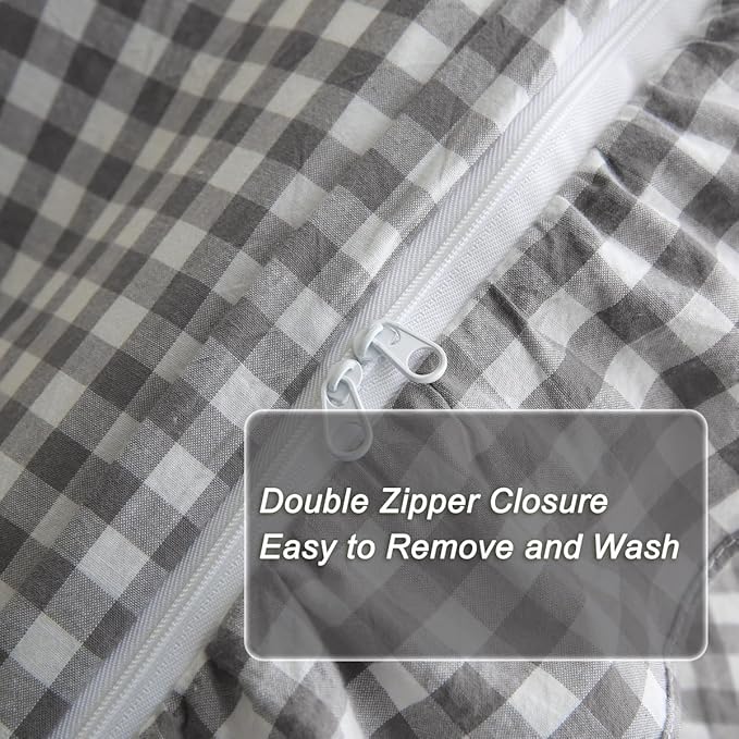Silnuo Grey/White Checkered Ruffle 3-Piece Duvet Cover Set Queen Size, Washed - Image 5