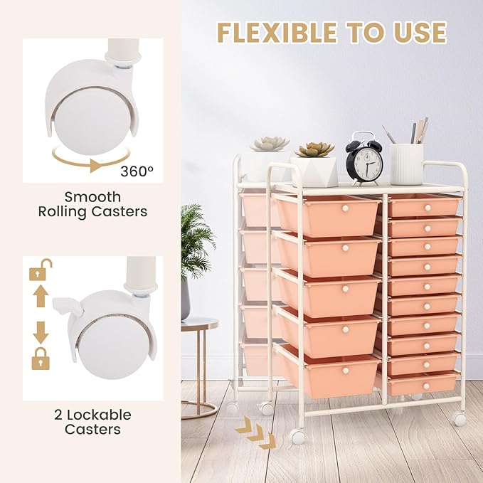 GOFLAME 15-Drawer Rolling Storage Cart, Craft Storage Cart with Removable Drawers & Lockable Wheels, Art Cart Supply Storage Organizer for Home Office Classroom, Peach Fuzz
