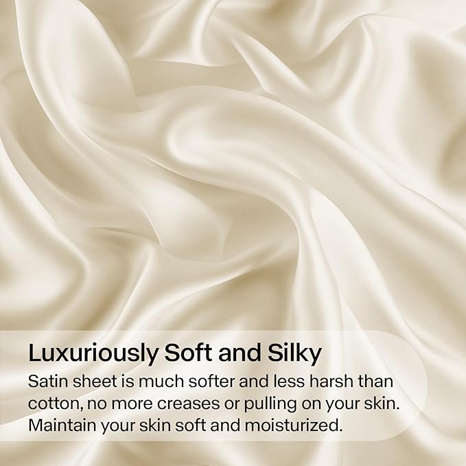 BEDELITE Satin Sheets Twin XL Size Bed Set, Luxury Soft Beige Silky Sheets - Image 3