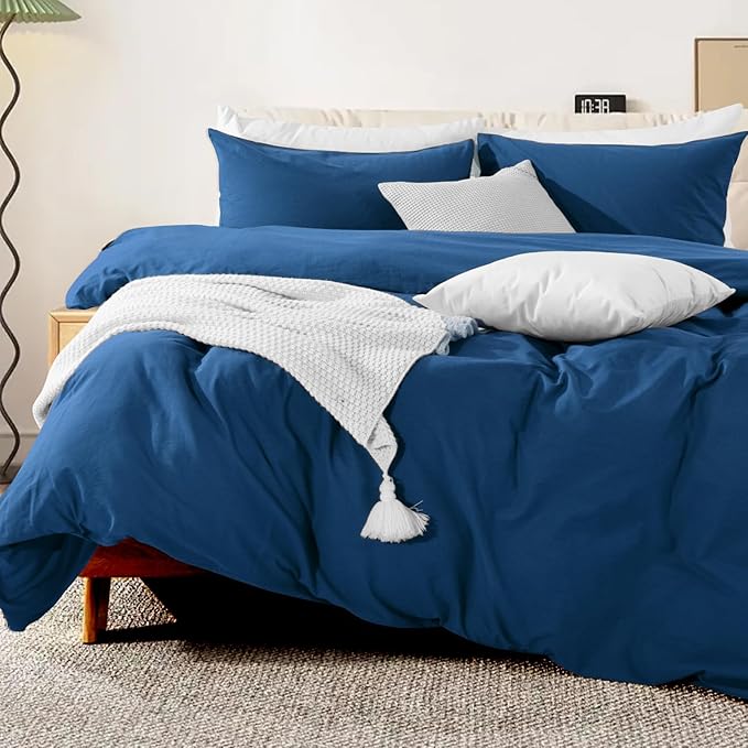 NEXHOME PRO Duvet Cover Set Queen Size Linen Feel Textured Navy Organic Natural - Image 4