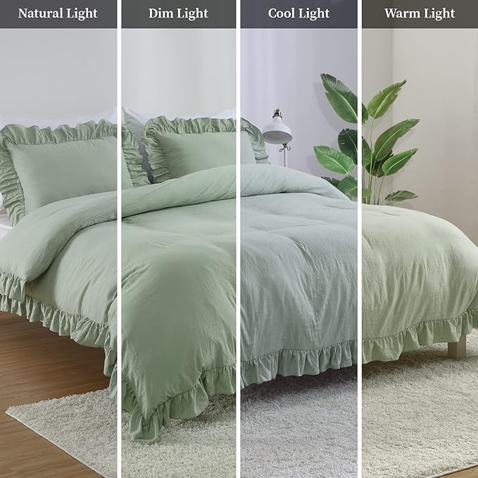 Ruffle Duvet Cover Queen Size, Sage Green, 90x90 in - Image 7