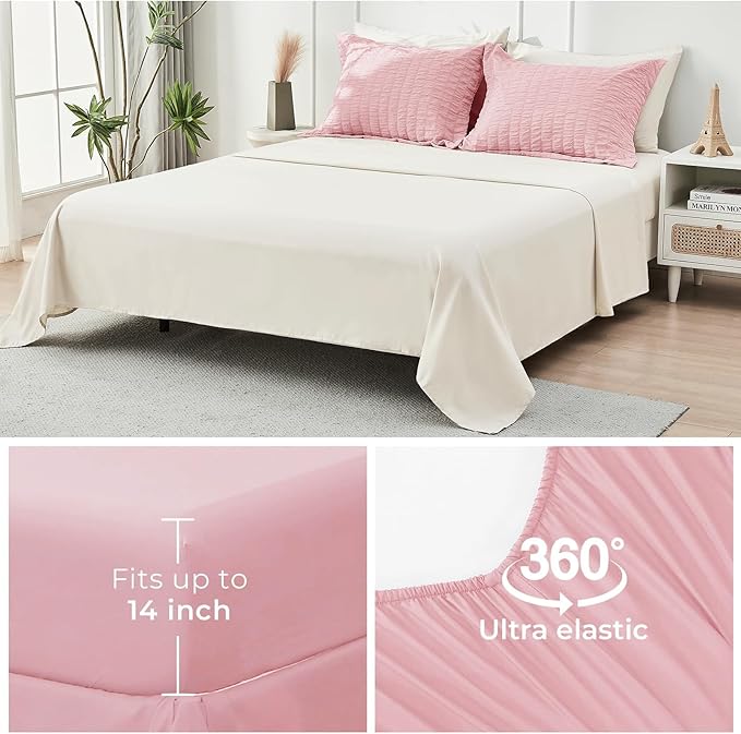HYMOKEGE Pink/Ivory California King Comforter Set Seersucker 7 Pieces, All - Image 7