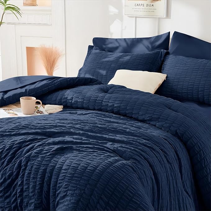 HYMOKEGE Navy Blue Duvet Cover King Size, Ultra Soft 3-Piece Seersucker Duvet - Image 6