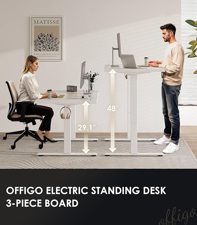 OffiGo 71 Inch Executive Electric Standing Desk, Height Adjustable Desk with Power Outlet & 1.38" Thick 3-Piece Desktop, Sit Stand Computer Desk for Home, Office, Conference Room, White