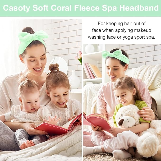Casoty 6 Pcs Green Spa Headbands, Skin Care Headband, Soft Coral Fleece - Image 4
