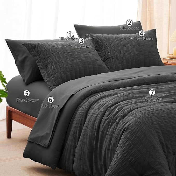 CozyLux Oversized King Comforter Set Dark Grey Seersucker 7 Pieces 120x98 Bed - Image 7