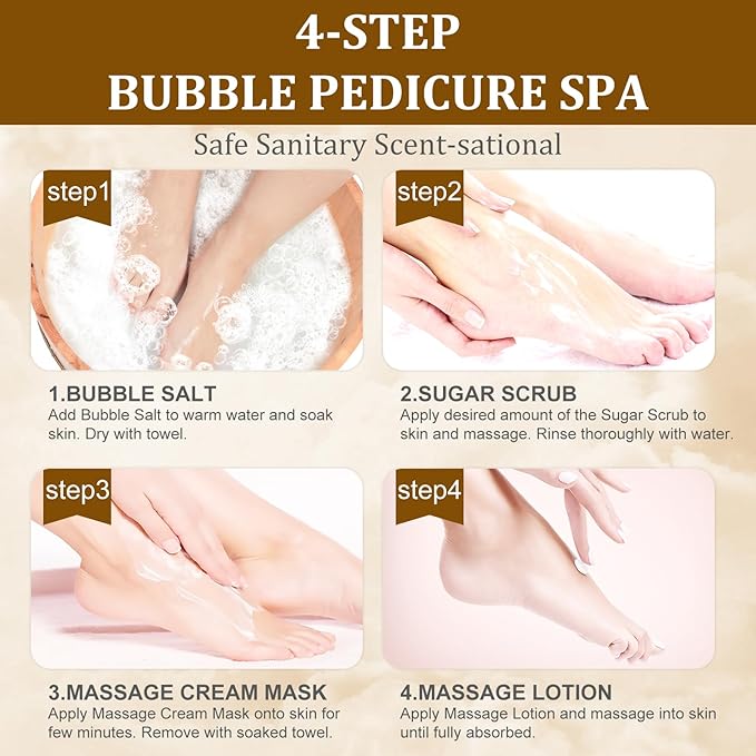 Pedicure Kit Foot Soak Set: Bubble Salt, Sugar Scrub, Massage Mask, Massage - Image 6