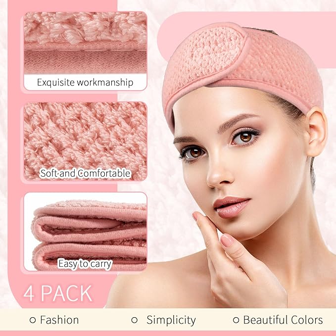 Whaline 4 Pack Spa Facial Headband Makeup Hair Wrap Adjustable Hair Band Soft - Image 3