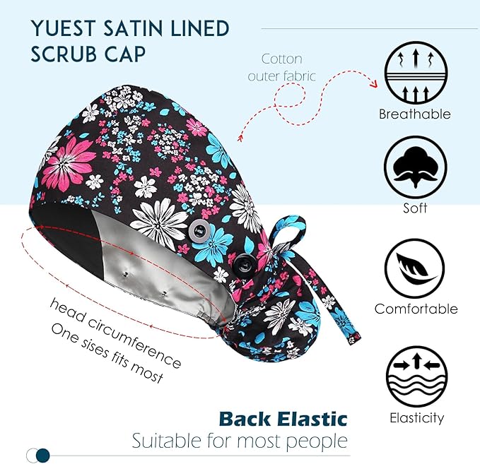 Satin Lined Scrub Caps with Buttons & Sweathand, Surgical Caps - Image 2