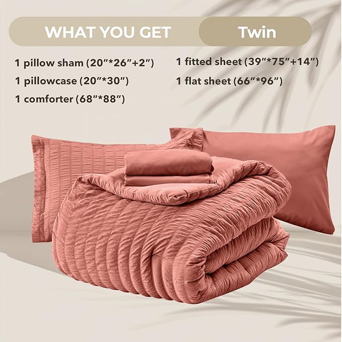 HYMOKEGE Coral Twin Comforter Set Seersucker 5 Pieces, All Season Luxury Bed in - Image 6