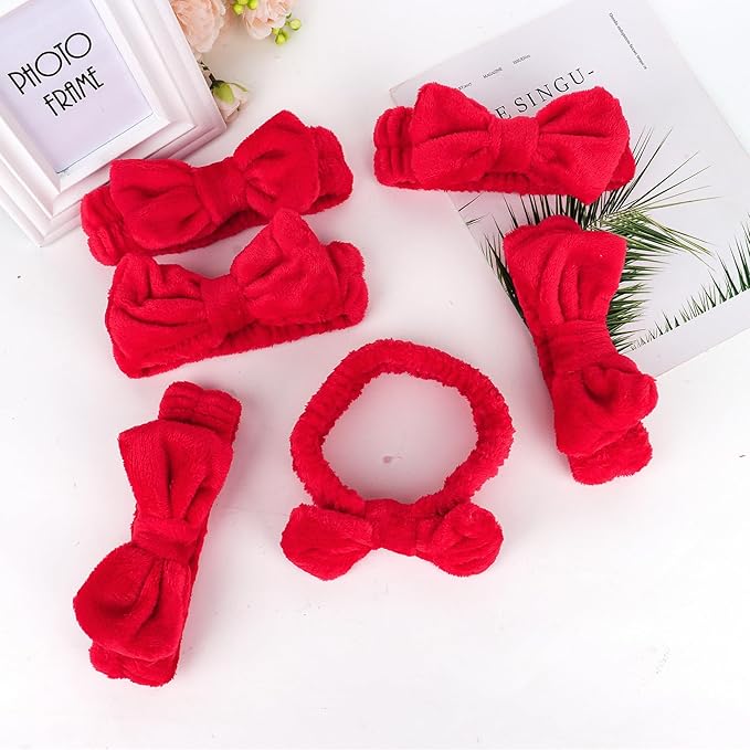 Casoty 6 Pcs Red Spa Headbands, Skin Care Headband, Soft Coral Fleece Makeup - Image 5