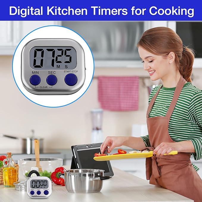 Leumoi 24 Pcs Digital Kitchen Timers Magnetic Back Timers Bulk Large Screen Loud Alarm On/Off Switch Minute Second Count up Countdown Memory Setting for Cooking Classroom Exercise (Sliver and Blue)