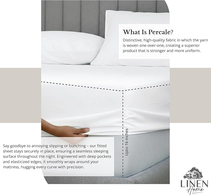 Linen Home 100% Cotton Percale Sheet Set, Twin Size, Snow White, Deep Pocket - Image 4