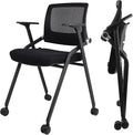 SLKJChr 2 Pack Foldable Office Chairs with Wheels, Mesh Back, Arms and Portable - Folding Office Chairs for Conference Room Chair, Office Guest & Reception & Meeting Chair - (Black) 300 lbs.