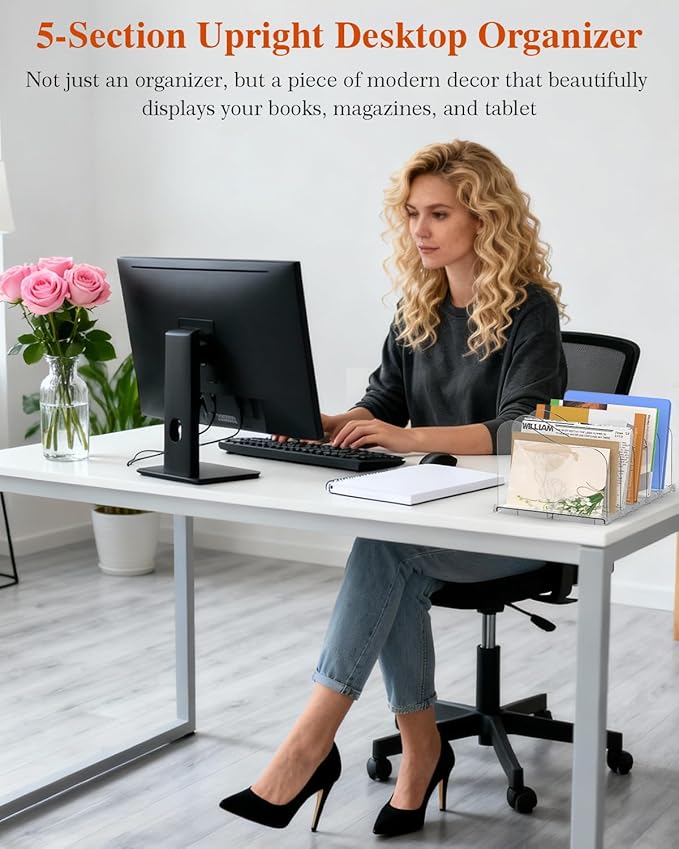 COWVTUJ Adjustable Rose File Organizer for Desk, Vertical File Folder Holders for Magazines, Upright Desktop Binder Organizer, Clear Paper Bookshelf Divider File Sorter for School Office Supplies