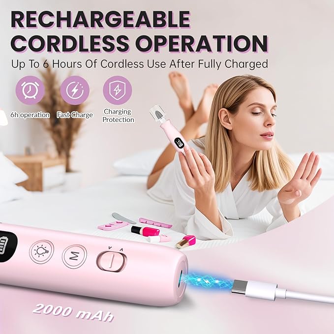 Electric Nail Drill, Cordless 2000 mAh Rechargeable Portable Nail File 12 in 1 - Image 3
