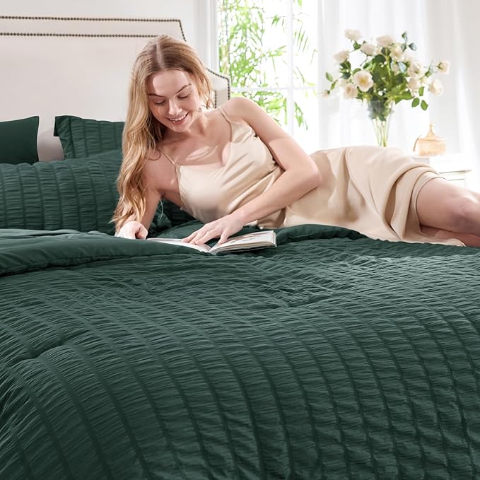 CozyLux Oversized King Comforter Set Forest Green Seersucker 7 Pieces 120x98 - Image 3