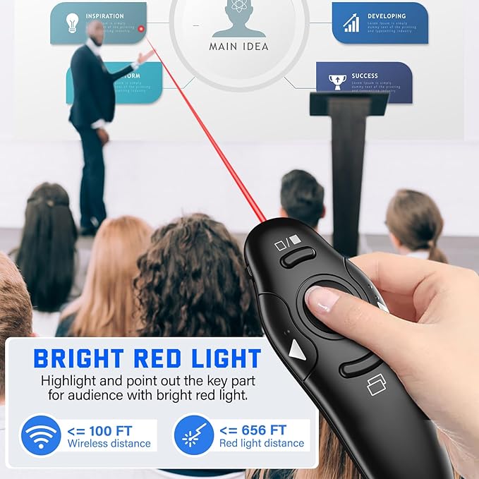 2-in-1 USB Type C Presentation Clicker Wireless Presenter Remote with Laser Pointer, RF 2.4GHz USB C PowerPoint Clicker Slide Advancer for Computer/Mac/Laptop