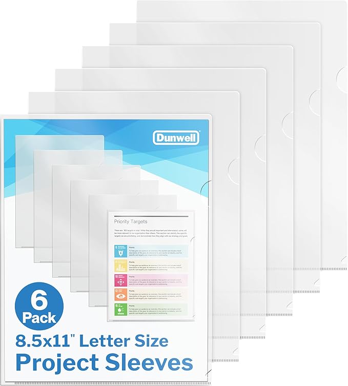 Dunwell Clear Folders for Documents, Plastic 8.5x11 File Sleeves for Document Protection, Filing, Storage, Organization (6 Pack) Transparent Folders with Pockets, Durable Letter Size Document Holder