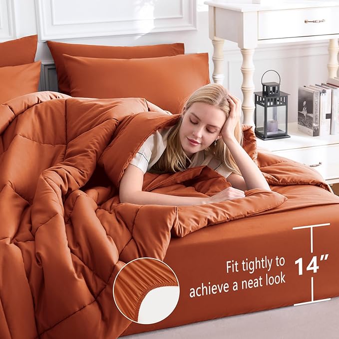 CozyLux King Size Comforter Set Terracotta, 7 Pieces Bed in a Bag, Burnt Orange - Image 5