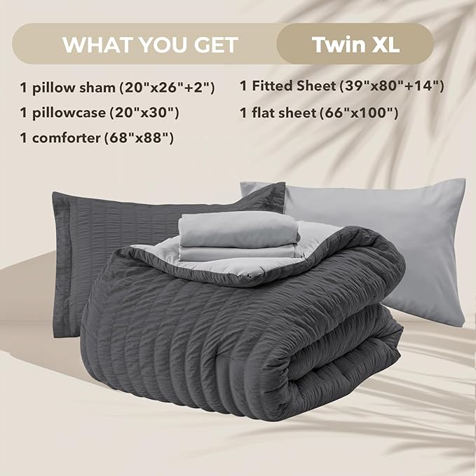 HYMOKEGE Dark Grey/Light Grey Twin XL Comforter Set Seersucker 5 Pieces - Image 5