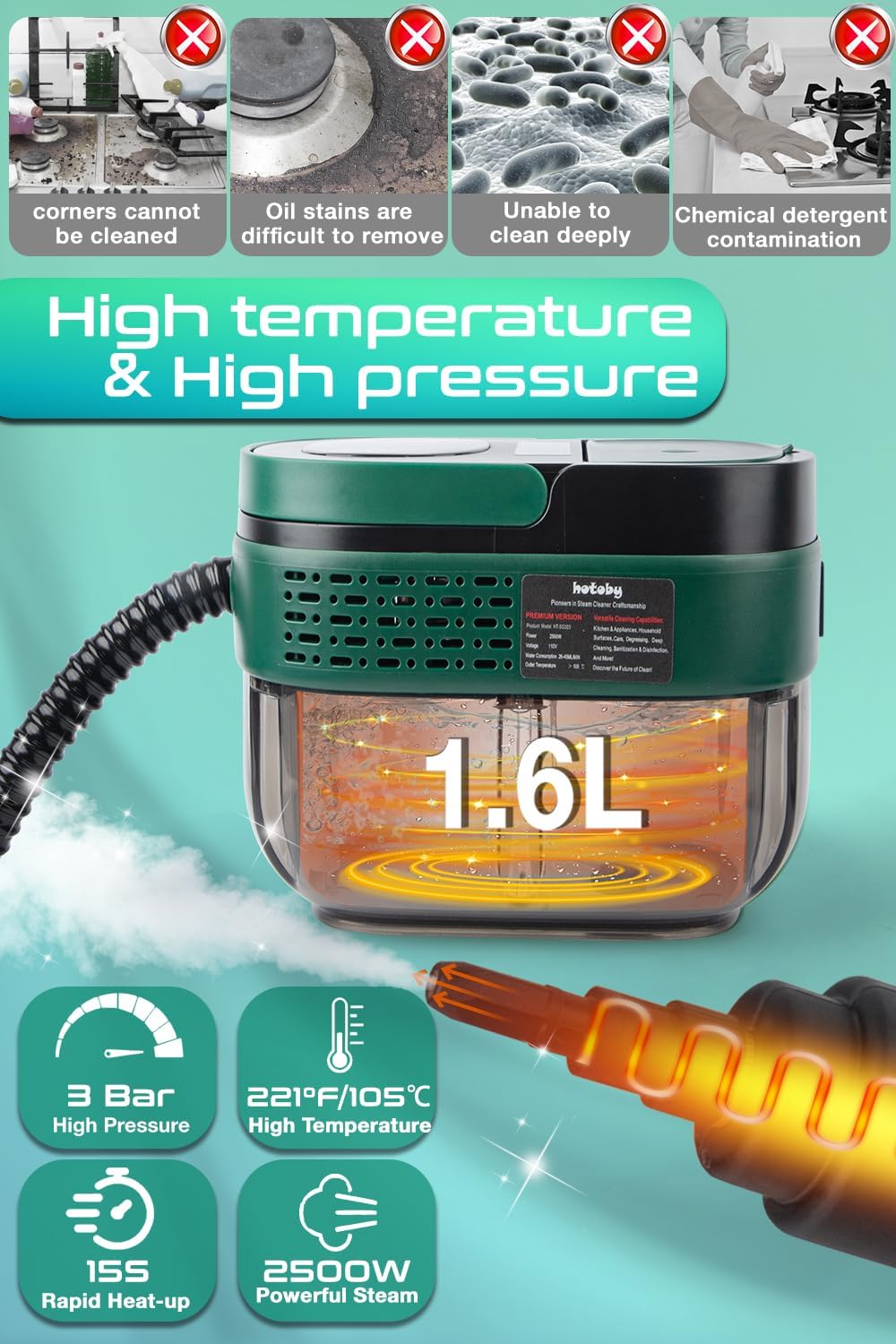 Handheld Steam Cleaner with Handle Control, 1.6L Large Water Tank, 3-Level Adjustable, Thickened Hose, Portable Steam Cleaner, High Temperature Pressurized Steamer for Home, Kitchen, Car (Dark Green)