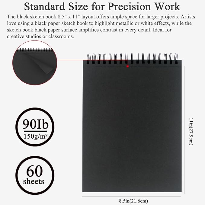 Fuxi Black Paper Notebook, 60 Sheets (90lb/150gsm) Spiral Sketchbook 8.5 x 11, Hardcover | Art Supplies for Adults, Perfect for Gel Pens.