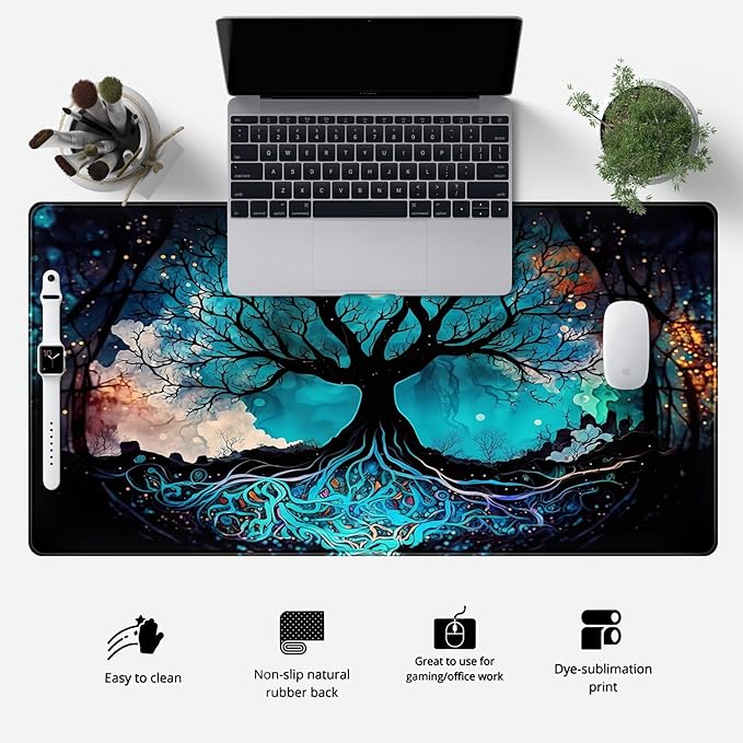 Vintage Blue AI Original Desk Mat Life Tree Aesthetics Desk Pad Large Flower Mouse Pad XXL Plant Mousepad Extended Laptop Computer Keyboard Mat Office Desk Decor 31.5x15.8 in-with Stitched Eges