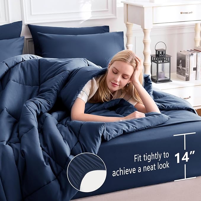 CozyLux Oversized Queen Comforter Sets Navy Blue, 7 Pieces Bed in a Bag - Image 5