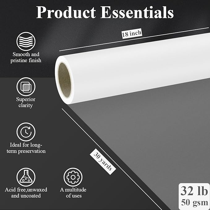 SuFly Tracing Paper Roll 18 Inch Wide x 30 Yards - Smooth Transparent 30lb/50gsm Trace Paper Roll for Drawing, Sketching, Sewing Patterns & Technical Drafts.
