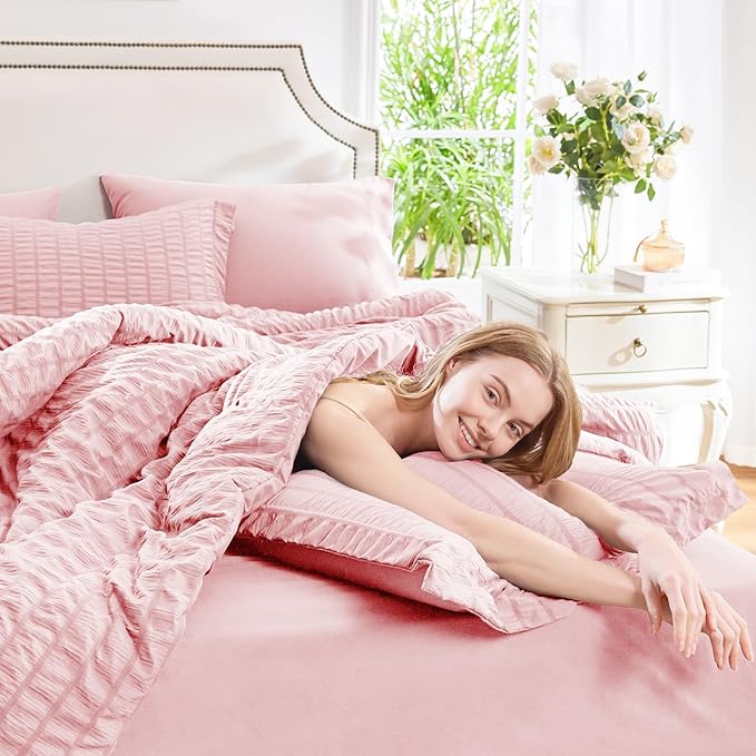 CozyLux Queen Comforter Set Pink Seersucker 7 Pieces Bed in a Bag Queen - Image 7