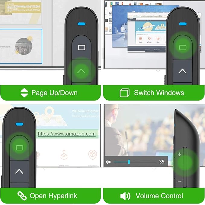 Norwii N76 Rechargeable Presentation clicker, Long Range Presentation Remote, Wireless Presenter, Pointer for PowerPoint Presentations, Slide Control - Green Light