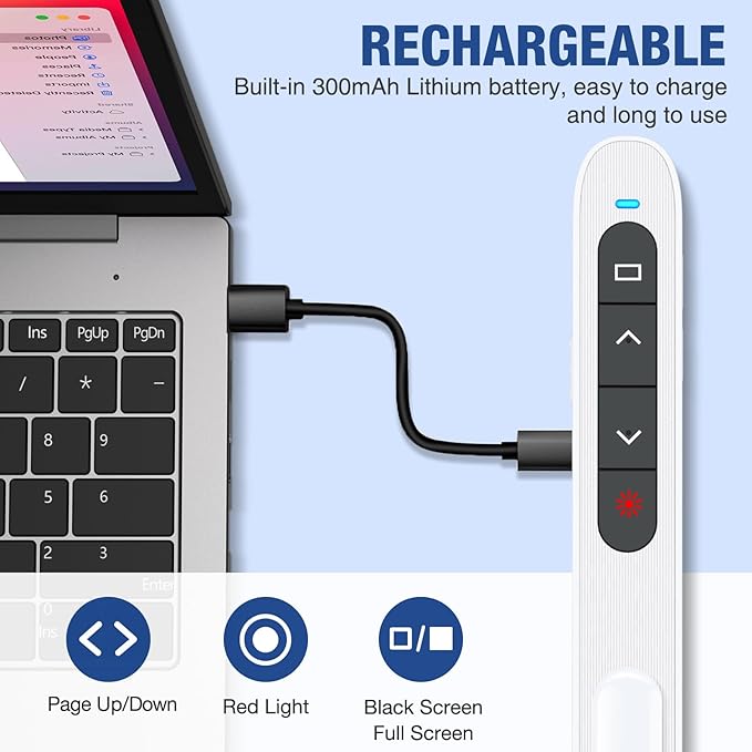 Rechargeable Presentation Clicker USB C Wireless Presenter Remote with Volume Control, RF 2.4GHz White Computer Presentation Remote PowerPoint Clicker Slide Advancer for Teachers Office (White