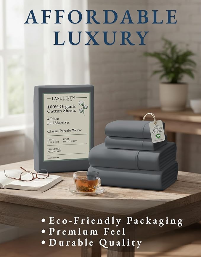 LANE LINEN 100% Organic Cotton Full Size Sheets, Hotel Like Crisp Percale Low - Image 8