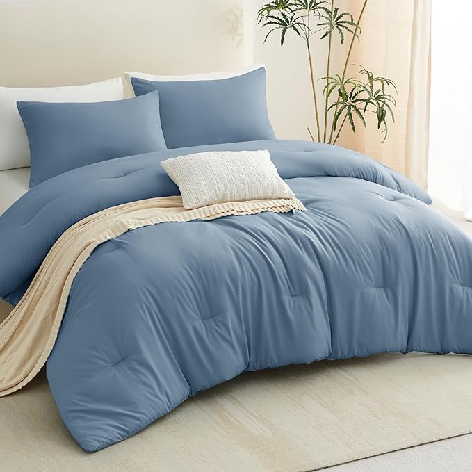 CozyLux Queen Comforter Set Grayish Blue, 3 Pieces Solid Comforters Queen Size - Image 8