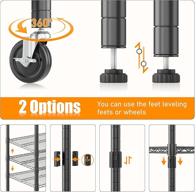 Himimi Storage Shelves 60" W Wire Shelving with Wheels 2600LBS Heavy Duty Metal Shelves for Storage, 4-Tier Adjustable Wire Rack Shelving Garage Shelving Kitchen Storage Shelves 24" Dx60 Wx72H, Black