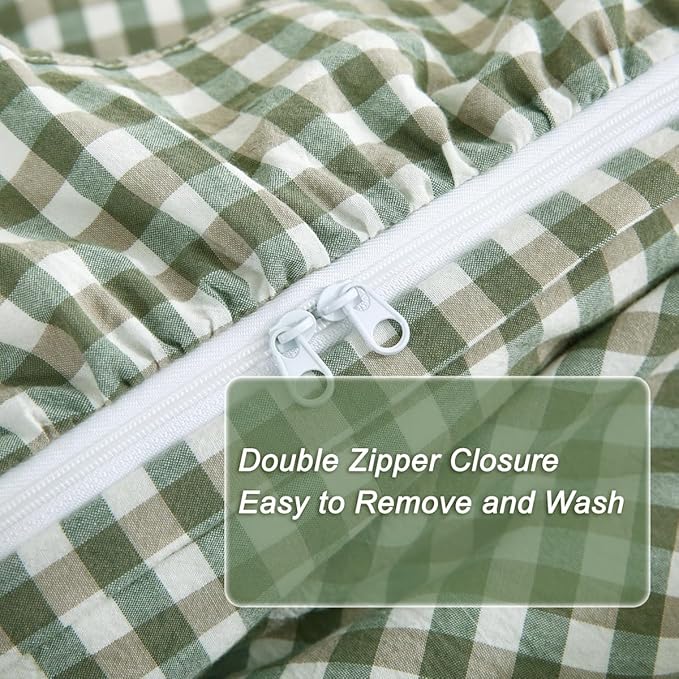 Silnuo Sage Green/White Plaid Ruffle Duvet Cover Twin Size, 100% Washed Cotton - Image 5