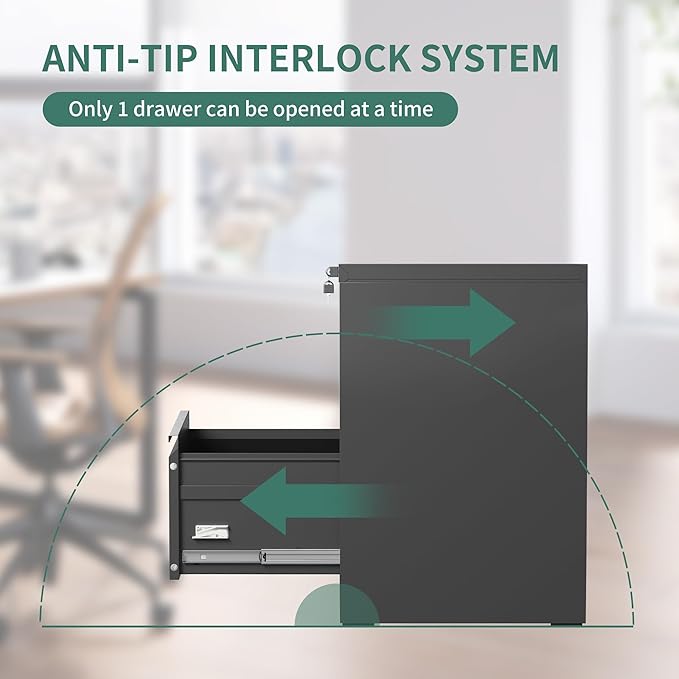 FLIXELIO 2 Drawer File Cabinet with Lock,Metal Vertical Filing Cabinets for Home Office,Heavy Duty File Storage Cabinet for Letter/Legal/A4/F4 Size File,Assembly Require (Black, Vertical 2 Drawer)