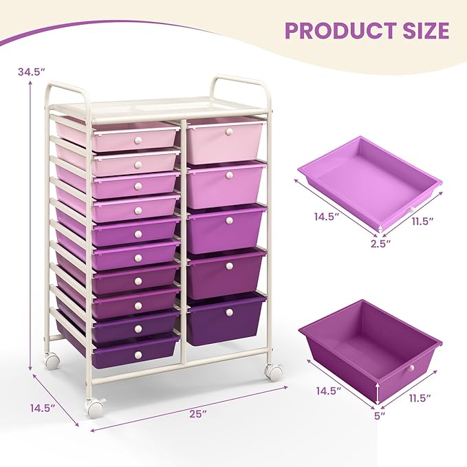 HAPPYGRILL 15-Drawer Rolling Cart, Storage Carts with Removable Drawers & Steel Frame, Utility Cart on Lockable Wheels for Home, School, Office (Purple Gradient)