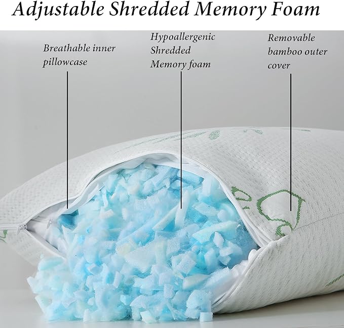 Shredded Memory Foam Pillows Set of 1, Cooling Zippered Breathable Memory Foam - Image 2