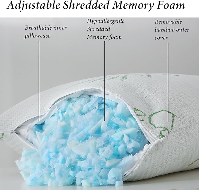Memory Foam Pillows Queen Size set of 2, Shredded Memory Foam Bed Pillow - Image 2