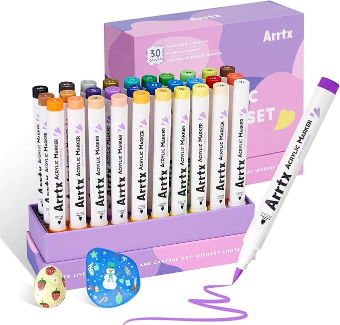 Arrtx 30 Colors Acrylic Paint Pens for Rock Painting, Extra Fine Tip Paint Markers for Rock Painting, Ceramic, Glass, Canvas, Mug, Wood, Easter Egg, Waterproof Paint DIY Crafts Making 30B