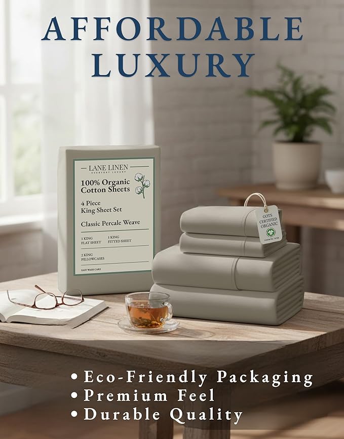LANE LINEN 100% Organic Cotton King Sheet Set, Soft & Comfy Percale Eco - Image 8