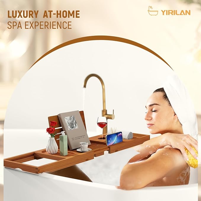 Yirilan Teak Bathtub Tray for Tub, Bath Table Tray for Tub Wood, Bathtub Caddy - Image 5