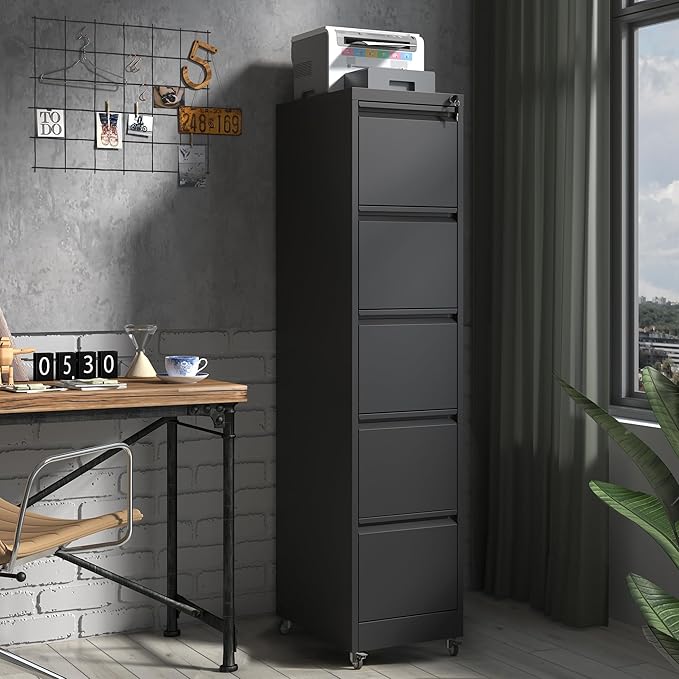 IKIMI 5 Drawer Locking File Cabinet with Wheels,Metal Mobile Filing Cabinets,Black Vertical File Cabinet for Home Office,Heavy Duty Storage Cabinet for A4/Letter/Legal Size File,Assembly Required