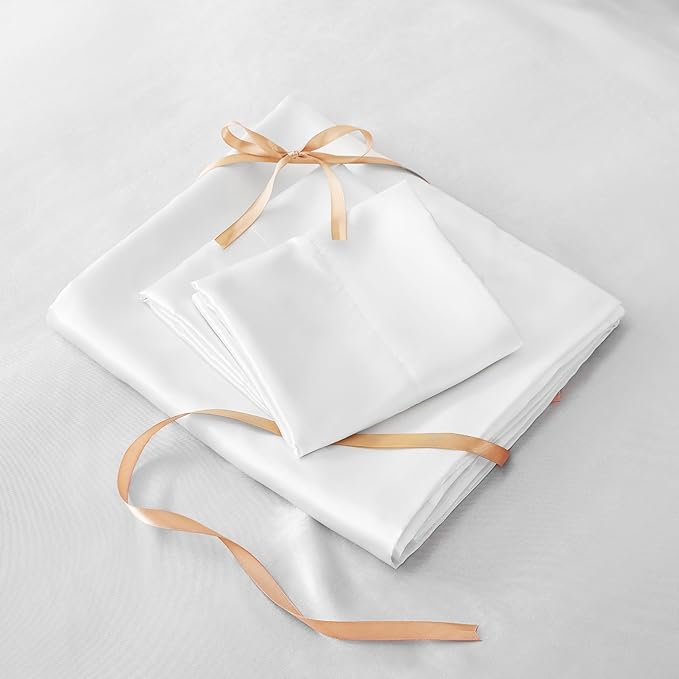 BEDELITE Satin Sheets Twin XL Size Bed Set, Luxury Soft White Silky Sheets - Image 7