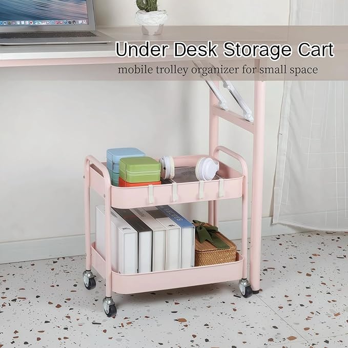 Ufriandz Pink 2 Tier Rolling Cart Metal with Wheels Under Desk Storage Cart for Small Space Organization, Small Trolley for Pantry Room Laundry Bathroom Kitchen Office Art Snack Baby Supplies