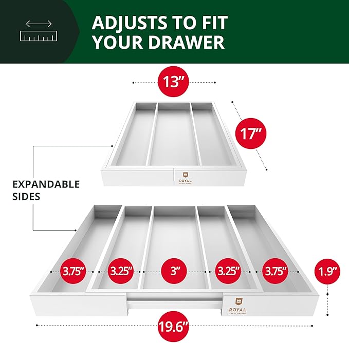 ROYAL CRAFT WOOD Luxury Bamboo Kitchen Drawer Organizer - Silverware Organizer - Utensil Holder and Cutlery Tray with Grooved Drawer Dividers for Flatware and Kitchen Utensils (5 Slot, White)