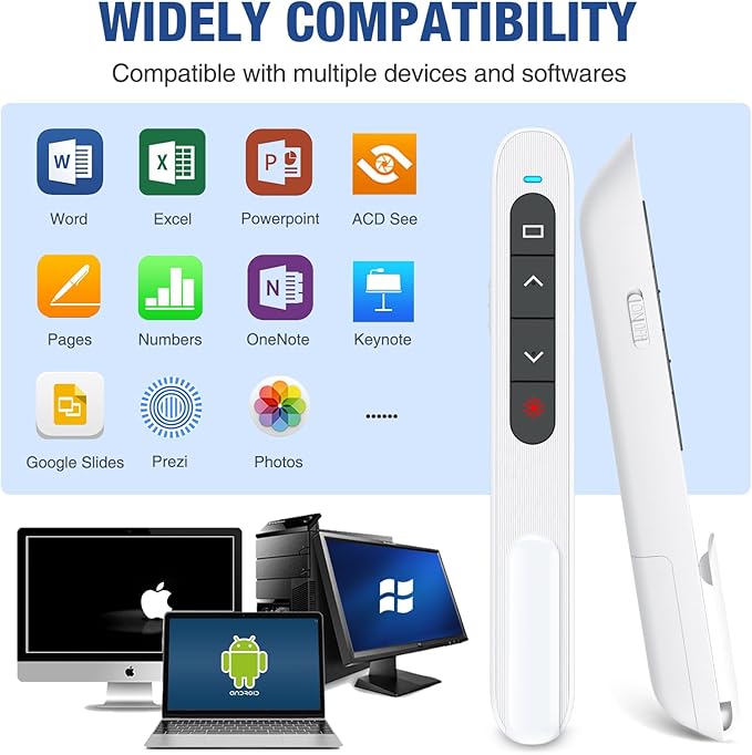 White USB C Presentation Clicker, Volume Control Wireless Presenter, RF 2.4GHz Presentation Remote PowerPoint Clicker Slide Advancer Pointer for Classroom/Office/Mac/PC